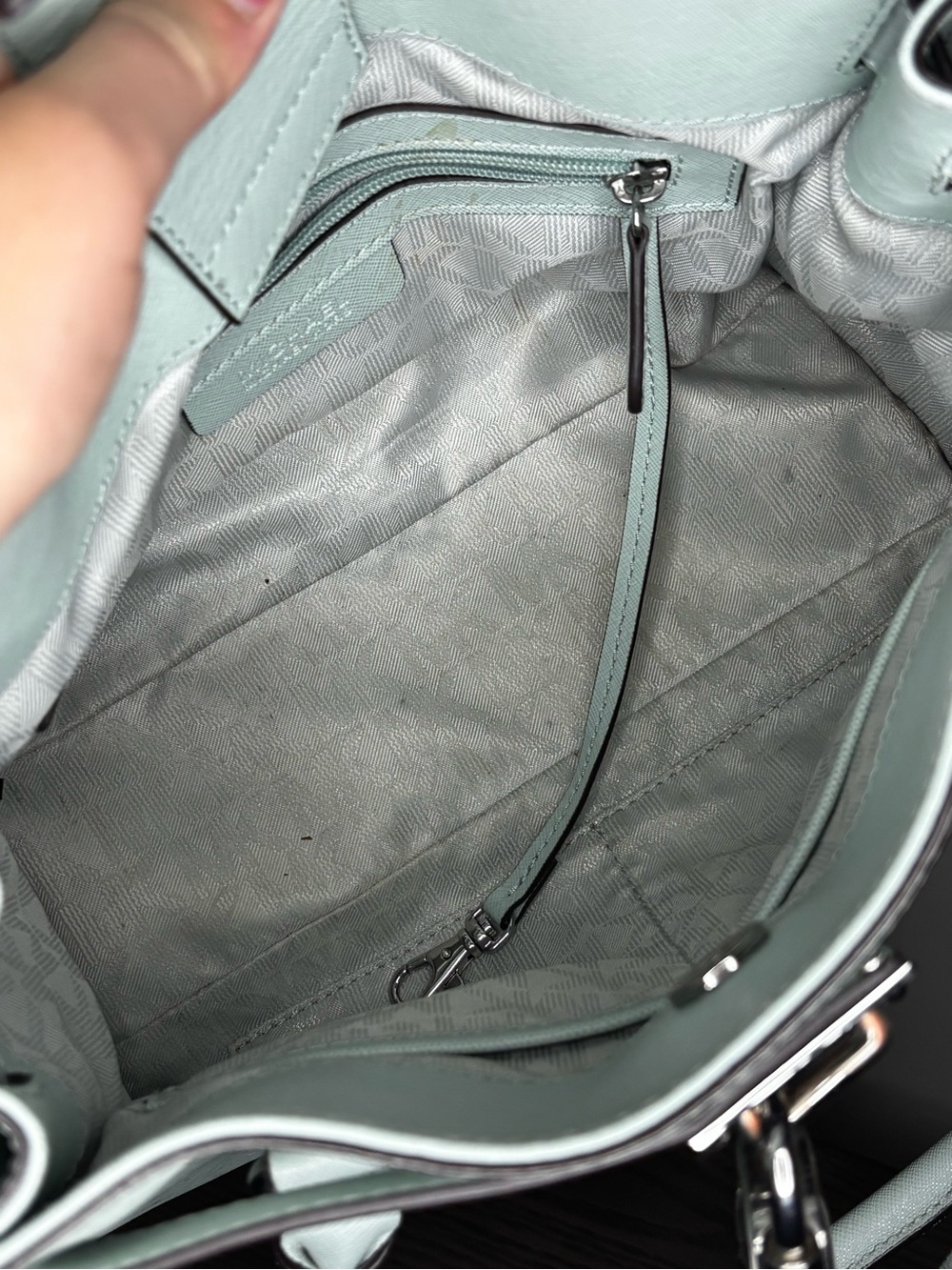 Michael Kors Hamilton Mint Green Saffiano Leather Satchel Tote Silver Lock Bag - Picture 14 of 16